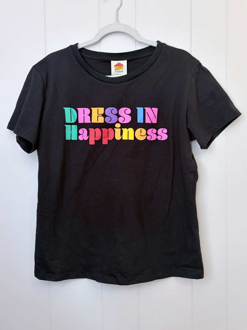 Farm Rio “Dress in Happiness" Graphic Tee Black Rainbow Letters Font Unisex M